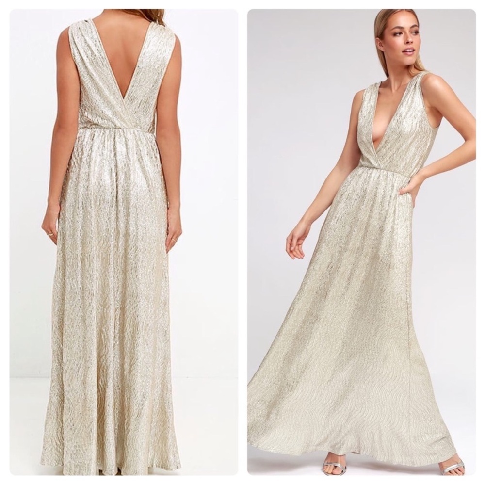 Lulus all that shimmer is gold metallic maxi dress formal event gown wedding S